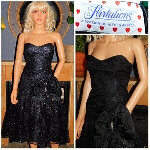 Vintage 80s Black Silver Glitter BOW Strapless Prom Party Dress 8 10 S 1980s Kit